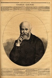 Portræt af Charles Gounod (1818-1893), en fransk komponist, kendt for sine operaer (Faust i 1859, Romeo og Juliette i 1867), han komponerede også symfonier og talrige melodier til digte af Alfred de Musset (1810-1857) og Victor Hugo (1802-1885). Engr af Unknown artist