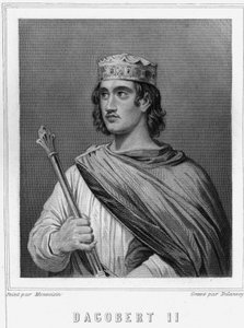 Portræt af Dagobert II (? -?), Konge af Austrasia - i "" Histoire des Français"" af Lavallée, gravering, sd. af Unknown artist