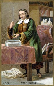 Portræt af Evangelista Torricelli eller Toricelli (1608 - 1647), italiensk fysiker med sin opfindelse Barometeret (kviksølvrør). Kromolitografi af det 19. århundrede. af Unknown artist