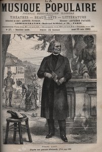 Portræt af Franz Liszt (1811-1886), ungarsk komponist, pianist og dirigent (Franz Liszt, ungarsk komponist, pianist og dirigent) gravering i "" Popular Music """ berømte ugeavis - 1882 af Unknown artist
