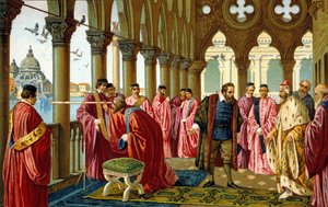 Portræt af Galileo Galilei dit Galileo (1564 - 1642) viser den lange udsigt til dogen i hans hertugpalads i Venedig. af Unknown artist