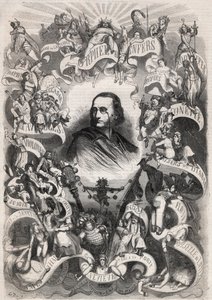 Portræt af Jacques Offenbach (1819-1880), fransk komponist og direktør for theatre des Bouffes Parisiens, omkranset af karakterer fra hans værker - Indgravering i "" Le Monde Illustré"" af Unknown artist