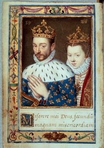 Portræt af kong Charles IX (1550-1574) og Elizabeth af Østrig (1554-1592) Dronning af Frankrig Manuskriptside af "Timebog af Catherine de Medicis" (Caterina de Medici) 1500-tallets Paris, B.N. af Unknown artist