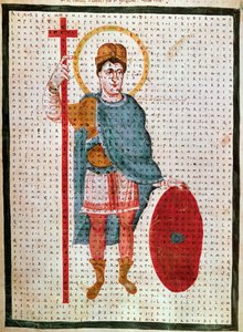 Portræt af Ludvig I den fromme eller Debonnaire”” (778-840), Konge af Frankrig”” miniature i “” De Laudibus Sancte Crucis”” (eller Codex Vindobonensis) af Rabanus Maurus Magnentius ca. 780-856), 830 ca. Wien, Osterreichisch af Unknown artist