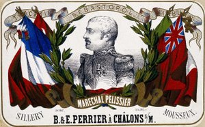 Portræt af Maréchal Pelissier på champagneetiket ""B. & E. Perrier à Chalôns sur Marne"", sd. 19. århundrede. af Unknown artist