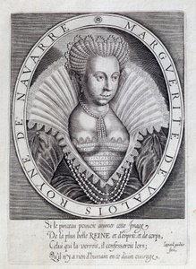 Portræt af Marguerite de Valois (1553 - 1615) kendt som dronning Margot. Stik af det 16. århundrede. Pau, Musee Du Chateau af Unknown artist