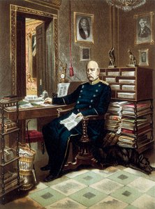 Portræt af prins Otto von Bismarck (1815-1898), kansler og preussisk politiker, på hans kontor. Litografi i farver af Unknown artist