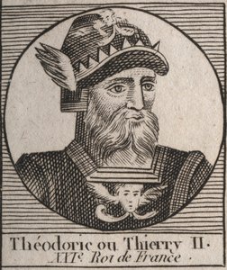 Portræt af Thierry II (587-613) Konge af frankerne af Austrasia og Bourgogne fra 595 til 613 - THIERRY II (Theuderic eller Theuderich, Theoderic eller Theodoric II) konge af Bourgogne og Austrasia - gravering fra "Instruction sur l