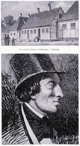 Porträt des dänischen Schriftstellers Hans Andersen (1805 - 1875) und seines Hauses in Odensee, Dänemark, um 1832 von Unknown artist