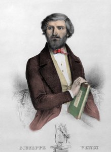 Portræt af den italienske komponist Giuseppe Verdi (1813 - 1901) med partituret til "" i Due Foscari"" Indgravering fra 1844. af Unknown artist