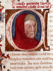 Portræt af den italienske digter Francesco Petrarca (Petrarque) (1304-1374) Detalje. Side taget fra manuskriptet "Les remedes aux deux fortunes" (De remediis Utriusque Fortunae) af Petrarch. 1360-1366 Venedig, Biblioteca marciana af Unknown artist