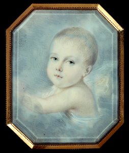 Portræt af kongen af Rom bebe (1811-1832), søn af kejser Napoleon I (1769-1821) og kommende Napoleon II. Anonym ottekantet medaljon fra det 19. århundrede. Akvarel under glas. Paris, Musee De La Legion d