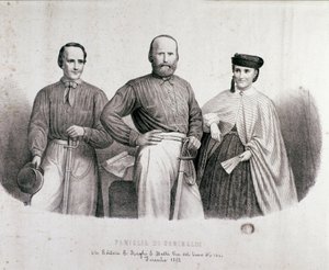Portræt af patrioten og heltene fra Risorgimento Giuseppe Garibaldi (1807-1882) mellem Teresita, hans datter og hans kone Stefano Canzio. Litografi af 1862 Privatsamling af Unknown artist