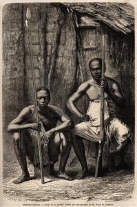 Portræt af to Bakali-krigere. Tegning af H.Castelli, for at illustrere rejsen til Gabon, i 1861-1864, af doktor Griffon du Bellay. Indgravering i "" Le tour du monde"", redigeret af Edouard Charton af Unknown artist