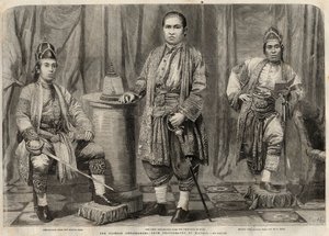 Portrætter af siamesiske ambassadører, der kom til England i 1857. Fra venstre mod højre: Cha Mun (Cha-mun) Mondr Bidacks, der repræsenterer den anden konge af Siam, Phya Mantri Suriyawanse og Chau Mun Sarbbedh Bhacty, den første konges ambassadører. Indgr af Unknown artist