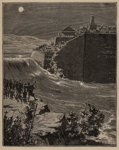 Keramik: rå mursten i det antikke Grækenland. Pausanias hær (5. århundrede f.Kr.) omvejer en flods løb for at ødelægge murene af rå mursten, der beskytter byen Mantinee. Indgravering fra 1885 i "" Les arts et metiers illustres"" af Adolphe BITARD. af Unknown artist