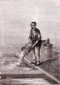 Hældning af kalk i bassinet, papirfremstilling i Kina (3. århundrede f.Kr.) (gravering) af Unknown Artist
