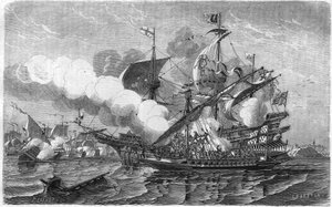 Pregnant angreb den engelske flåde, kommanderet af admiral Edward Howarth, april 1513. Indgravering af det 19. århundrede. af Unknown artist
