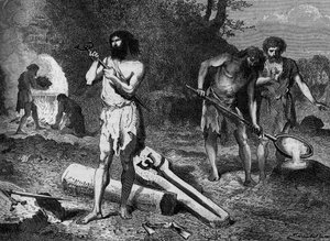 Prehistoire - de første metallurger i bronzealderen: fremstilling af bronze. Gravering i "" Le Journal de la jeunesse"" af Unknown artist