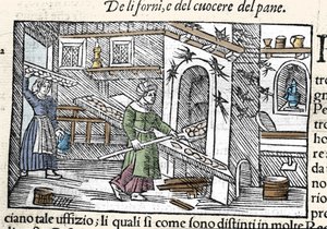 Tilberedning og bagning af brød i ovn. Gravering af Olaus Magnus (1490-1557), svensk religiøs og geograf, "Historia de Gentis Septentrionalibus", Venedig af Unknown artist
