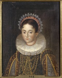 Prinsesse Elisabeth de Suede, hertugindekonsort af Mecklembourg Gadebusch - Portræt af prinsesse Elizabeth af Sverige (1549-1597), hertuginde af Mecklenburg, Anonym . Olie på lærred. Mål: 28x22 cm. Nationalmuseum Stockholm af Unknown artist