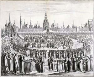 Procession af påskeblomster foran den hellige frelsersport og Kreml i Moskva. Indgravering af det 19. århundrede. af Unknown artist