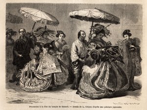 Procession til Sannoo tempelfesten, dedikeret til minde om Zinmou, grundlæggeren af imperiet Great Japan, beliggende i Yedo (eller Edo, det nuværende Tokyo), som finder sted den 15. dag i årets 6. måned. Processionen er pele mele represe af Unknown artist
