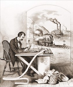 Århundredets fremskridt (1800-tallet): Morse-telegrafi, Dawn Boat, Train, etc. Gravering af det 19. århundrede. af Unknown artist