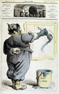 Preussisk soldat sporer grænserne for Alsace-Lorraine til Preussens blå (henvisning til annekteringen af regionen ved krigen i 1870) - i "" L