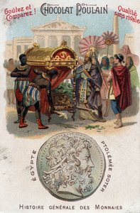 Ptolemæus I (360-283 f.Kr.) Soter (frelser) lod Alexander den Store begrave. I almindelig mønthistorie. Chokolade-føl kromolitografi fra slutningen af det 19. århundrede. Privat samling. af Unknown artist
