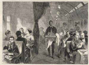 Pullman spisevogn fra Pacific Railways i 1869 - inde i et vognhotel på Pacific Railway - af Unknown artist