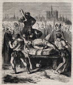 Straf af Francois Ravaillac (1578-1610) morder på kong Henrik IV (1553-1610) på Place de Greve i Paris i 1610 - Indgravering af 1879 i "Historien om hemmelige, politiske og religiøse selskaber" af Pierre Zaccone (1817-1895) af Unknown artist