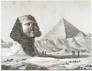 Pyramids of Giza: udsigt over Sfinxen og den store pyramide, taget fra sydøst - i "" Description of Egypt"", Imperial Editions af Unknown artist
