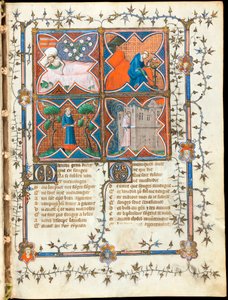 ""Fire mænd travlt med forskellige aktiviteter"" oplyst side fra manuskriptet ""Le Roman de la Rose"" af Guillaume de Lorris (omkring 1200-1238) og Jean de Meun (Meung) (1240-1305) omkring 1353 Schweiz, Genève bibliotek af Unknown artist