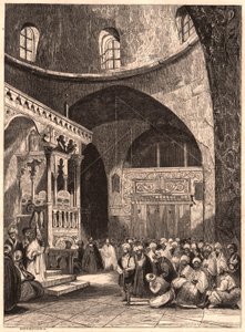 Rabbiner og menighed i en synagoge i Jerusalem af Unknown