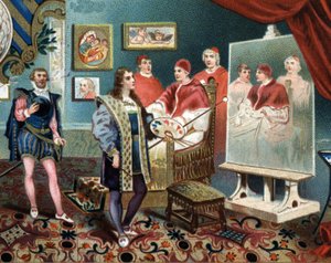 Raphael (Raffaello Sanzio) arbejder på portrættet af pave Leon X (leone 10) omgiver kardinalerne Jules de Medicis (Giulio) (pave Clemens VII af Unknown artist