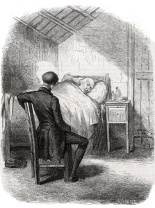 Rastignac forblev alene i nærheden af den gamle mand, der sad ved fodenden af sengen... Gravering midt i det 19. århundrede. Illustration til "The Father Goriot" af Honore de Balzac (1799-1850). af Unknown artist