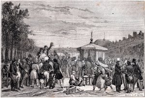Reading of the rulings published in newspaper Moniteur in the gardens of Royal Palace in Paris july 26, 1830 during civil war - Revolution 1830 - Lecture des prescriptions dans Le Moniteur, au jardin du Palais-Royal, le 26 juillet 1830 a 7 heures du soir - af Unknown