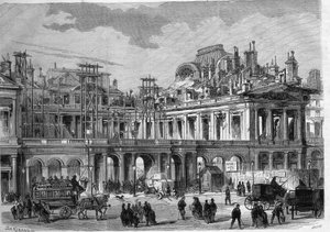 Genopbygningsarbejder af det kongelige palads (Palais-Royal) i Paris. Gravering i "" L