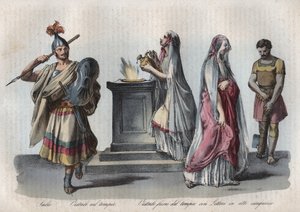 Religion i det antikke Rom - Salii (springende præster) og vestaler eller vestalske jomfruer - indgravering fra "" Skikke og skikke for alle folk i universet. Det er historien om regeringen, lovene, militsen, om religionen for alle nationer fra de fjernest af Unknown artist