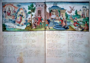 Religiøst Teater: "" Passion and Resurrection"" spillet i Valenciennes i 1547. Manuskriptside med akvarel, Paris, B.N. af Unknown artist
