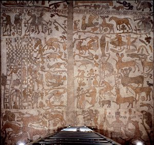 Repræsentation af Alexander den Store (356-323 f.Kr.), konge af Macedoine og erobrer af Persien, omgiver den indiske fauna under erobringen af Indien og den hellenistiske syndflod til højre, til venstre konstruktionen af Babelstårnet. Fortovet af Pant af Unknown artist
