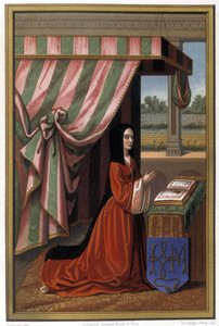 Repræsentation af Anne de France kendt som Anne de Beaujeu (1461-1522) i bøn. Hun er datter af Louis XI og Charlotte de Savoie. Kromolitografi efter belysning. af Unknown artist
