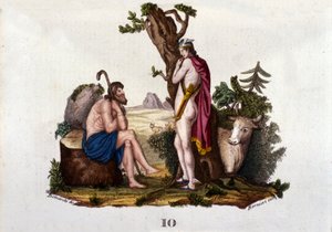 Repræsentation af Argus og Io, omdannet til ko af Mercury. Plade taget fra "" Mythology Dictionary "" 1888 af Unknown artist