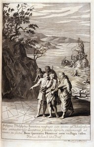 Repræsentation af Aristipus af Kyrene (435-356 f.Kr.) Græsk filosof, discipel af Sokrates, opdager efter skibsforliset, der kastede ham på Rhodos kyst, geometriske spor på sandet. Indgravering fra Bog XV af Euklids "Elementer". 1591 af Unknown artist