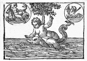 Repræsentation af Ino, havets gud, og hans søn Palemon. Gravering fra "Mytologi eller forklaringer af historier" givet af Natalis Comitis. 1637 af Unknown artist