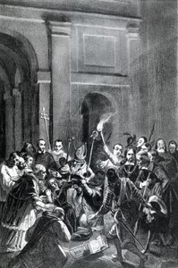 Repræsentation af en eksorcismescene. 1800-tals illustration. af Unknown artist