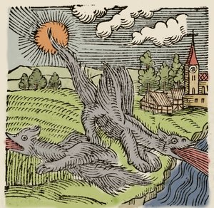 Repræsentation af basilikkerne på flugt brændende hvedemarker. Indgravering fra "Prodigiorum ac ostentorum chronicon" af Conrad Lycosthenes (1518-1561). 1557. af Unknown artist