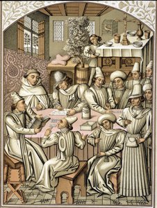 Repræsentation af embedsmænd i 1300-tallet. kromolitografi fra regnskabet for broderskabet "Dio e Nostra Signora"" af Unknown artist