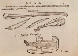 Repræsentation af strengeinstrumenter og bueskytte. Side taget fra Musurgias praktiske musikhåndbog af Unknown artist